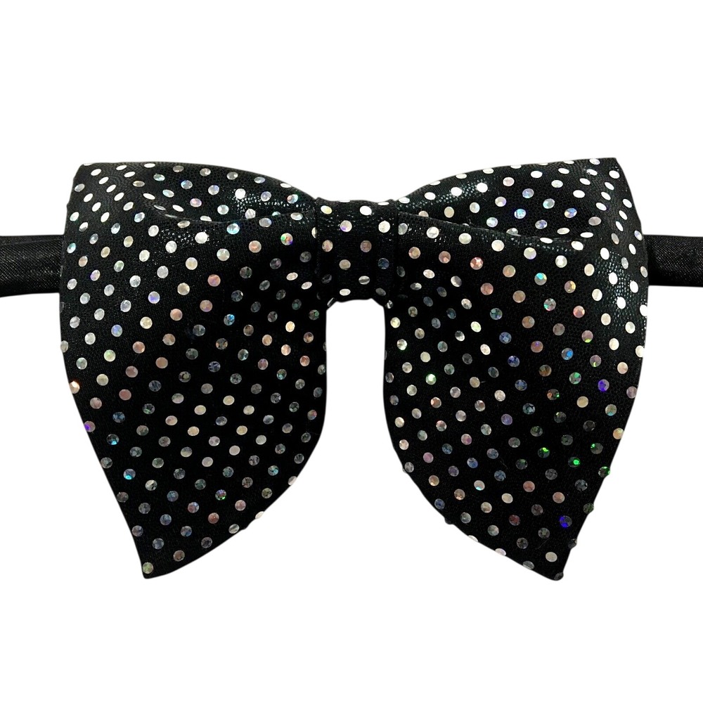 Oversized Black Holographic Polka Dot Bow Tie Adjustable Costume Accessory